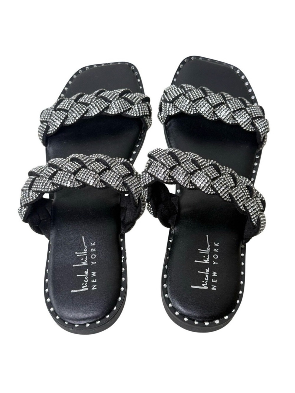 Nicole Miller Womens Slide Sandals Black Rhinestone Braided Size 9 Y2K Baddie